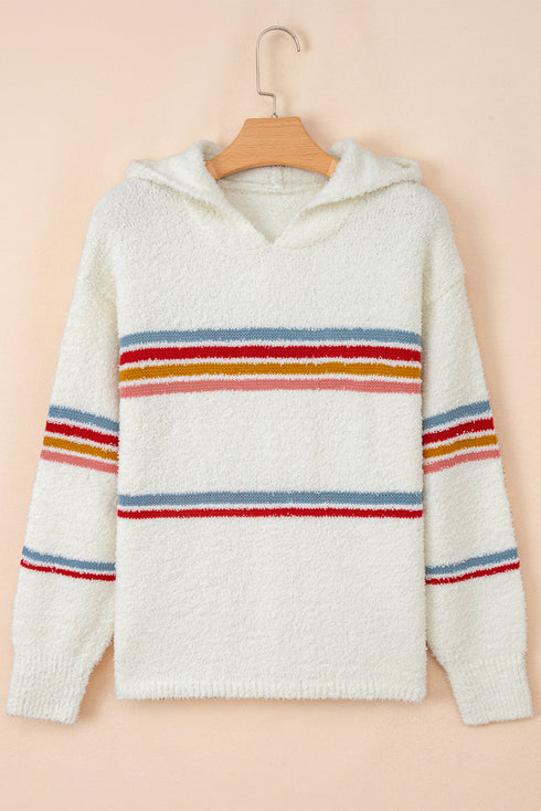 Striped Textured Knit Long Sleeve Hooded Sweater