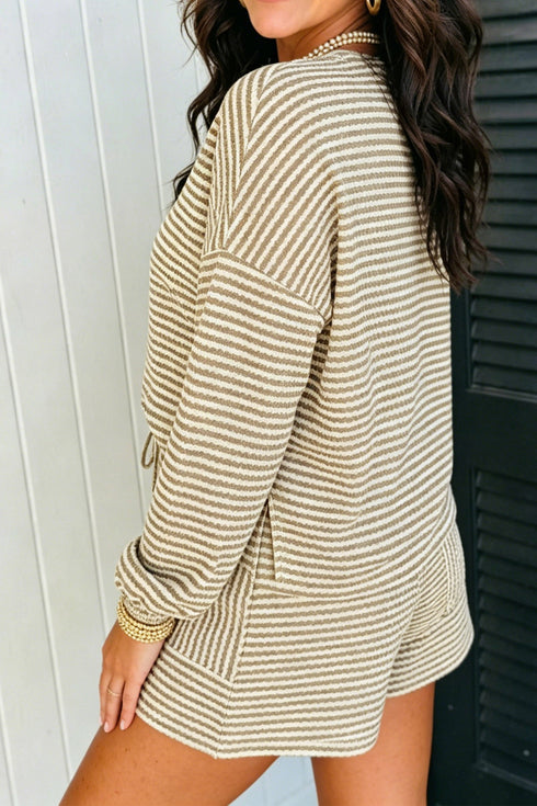 Striped Textured Knit Long Sleeve Top Elastic Waist Shorts Outfit Short Set