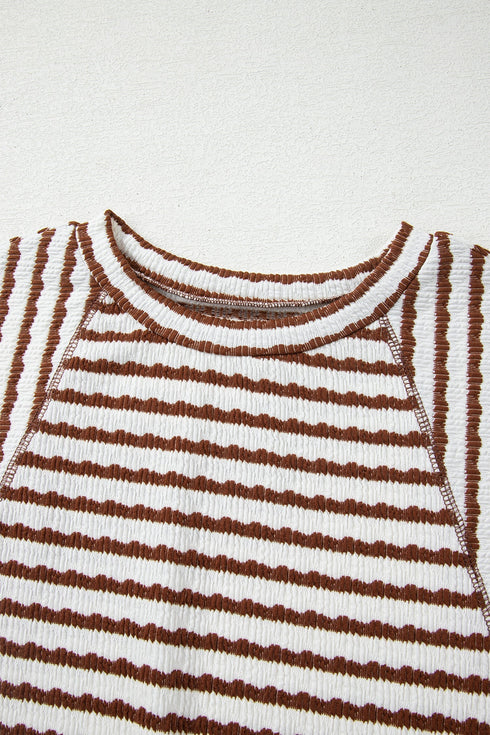 Striped Textured Knit Patchwork Split Hem Half Sleeve Top