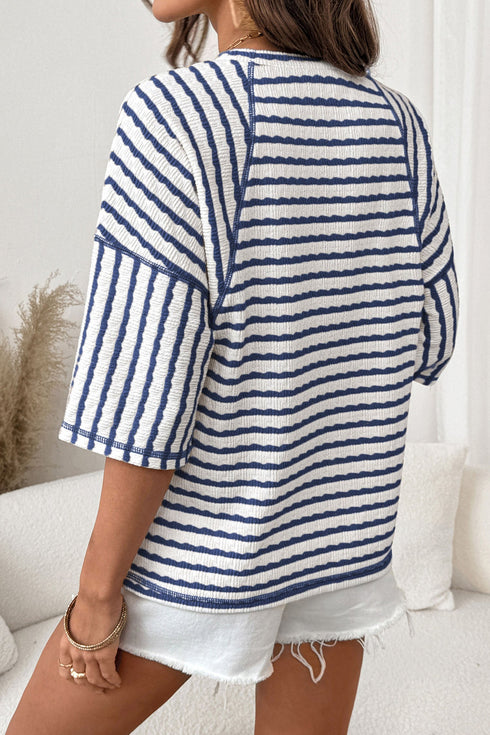 Striped Textured Knit Patchwork Split Hem Half Sleeve Top