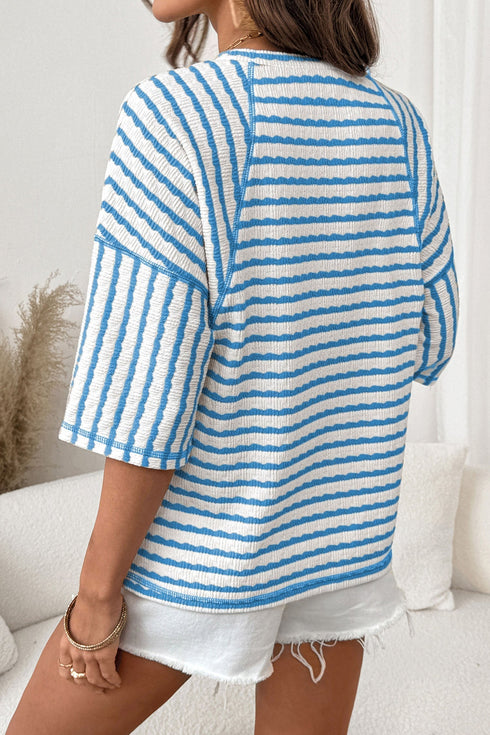 Striped Textured Knit Patchwork Split Hem Half Sleeve Top