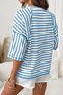 Striped Textured Knit Patchwork Split Hem Half Sleeve Top