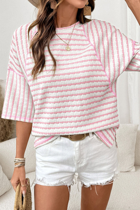 Striped Textured Knit Patchwork Split Hem Half Sleeve Top