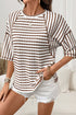 Striped Textured Knit Patchwork Split Hem Half Sleeve Top