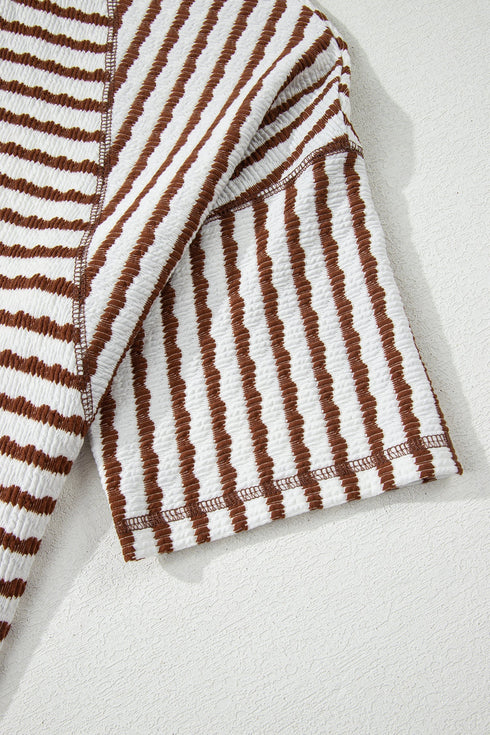Striped Textured Knit Patchwork Split Hem Half Sleeve Top