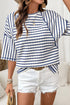 Striped Textured Knit Patchwork Split Hem Half Sleeve Top