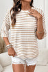 Striped Textured Knit Patchwork Split Hem Half Sleeve Top