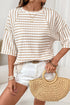 Striped Textured Knit Patchwork Split Hem Half Sleeve Top