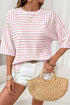 Striped Textured Knit Patchwork Split Hem Half Sleeve Top