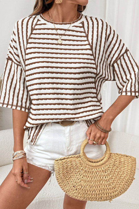 Striped Textured Knit Patchwork Split Hem Half Sleeve Top