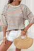 Striped Textured Knit Patchwork Split Hem Half Sleeve Top