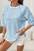 Striped Textured Knit Patchwork Split Hem Half Sleeve Top