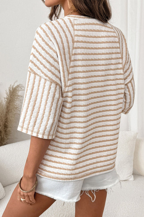 Striped Textured Knit Patchwork Split Hem Half Sleeve Top