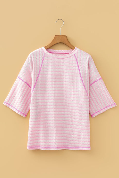 Striped Textured Knit Patchwork Split Hem Half Sleeve Top