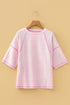 Striped Textured Knit Patchwork Split Hem Half Sleeve Top