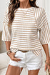 Striped Textured Knit Patchwork Split Hem Half Sleeve Top