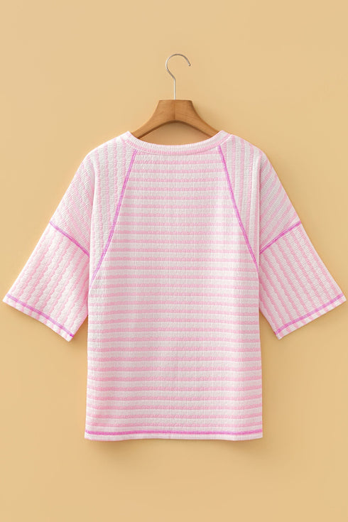 Striped Textured Knit Patchwork Split Hem Half Sleeve Top
