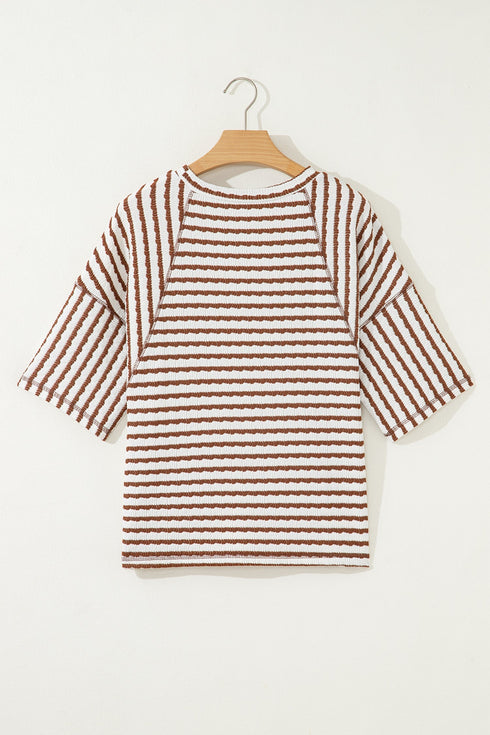 Striped Textured Knit Patchwork Split Hem Half Sleeve Top