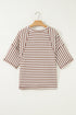 Striped Textured Knit Patchwork Split Hem Half Sleeve Top