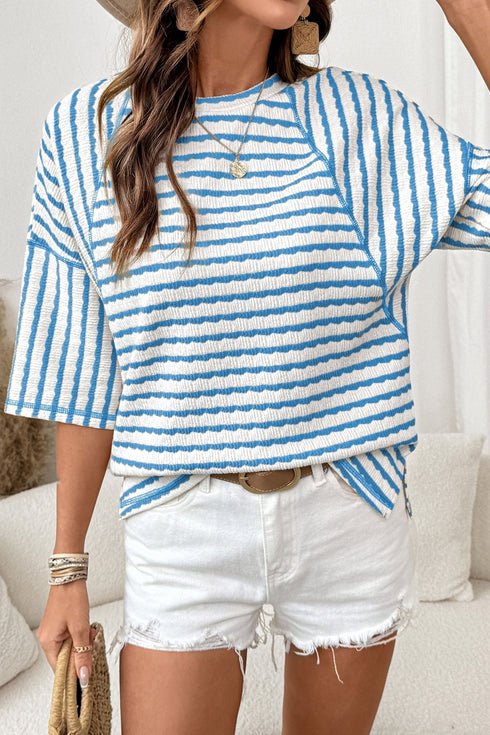Striped Textured Knit Patchwork Split Hem Half Sleeve Top