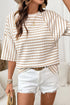 Striped Textured Knit Patchwork Split Hem Half Sleeve Top