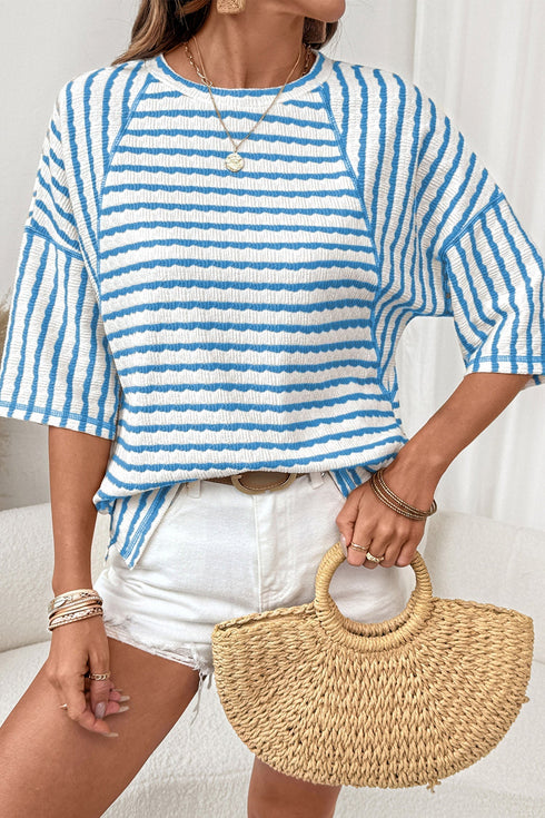 Striped Textured Knit Patchwork Split Hem Half Sleeve Top