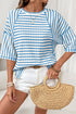 Striped Textured Knit Patchwork Split Hem Half Sleeve Top