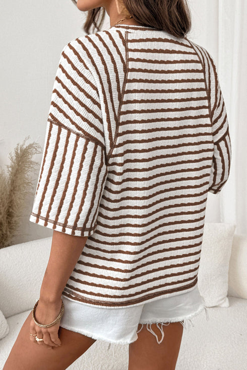 Striped Textured Knit Patchwork Split Hem Half Sleeve Top