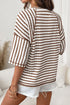 Striped Textured Knit Patchwork Split Hem Half Sleeve Top