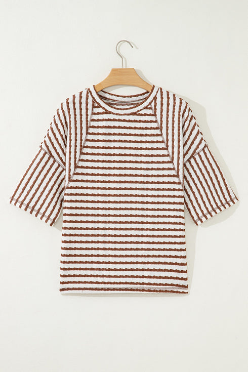 Striped Textured Knit Patchwork Split Hem Half Sleeve Top