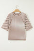 Striped Textured Knit Patchwork Split Hem Half Sleeve Top
