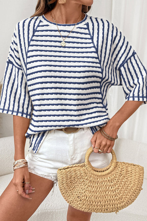 Striped Textured Knit Patchwork Split Hem Half Sleeve Top