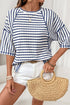 Striped Textured Knit Patchwork Split Hem Half Sleeve Top