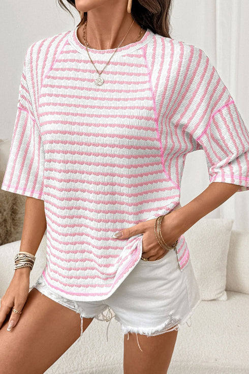Striped Textured Knit Patchwork Split Hem Half Sleeve Top