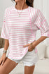 Striped Textured Knit Patchwork Split Hem Half Sleeve Top