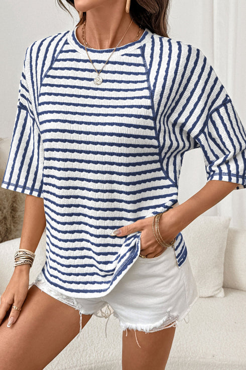 Striped Textured Knit Patchwork Split Hem Half Sleeve Top