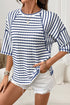 Striped Textured Knit Patchwork Split Hem Half Sleeve Top