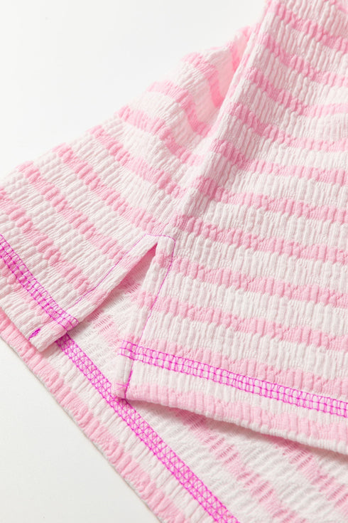 Striped Textured Knit Patchwork Split Hem Half Sleeve Top