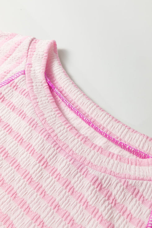 Striped Textured Knit Patchwork Split Hem Half Sleeve Top