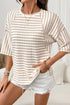 Striped Textured Knit Patchwork Split Hem Half Sleeve Top