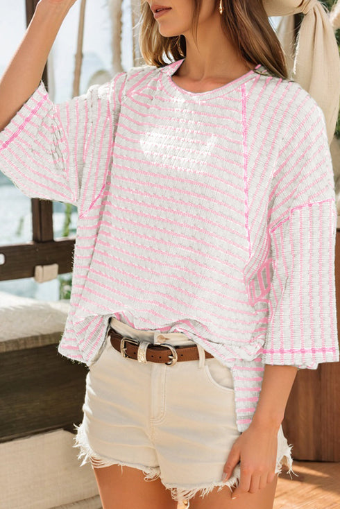 Striped Textured Knit Patchwork Split Hem Half Sleeve Top