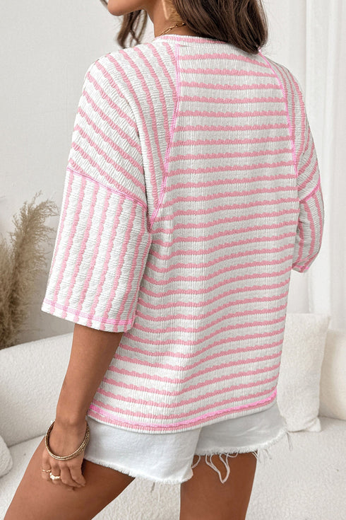 Striped Textured Knit Patchwork Split Hem Half Sleeve Top