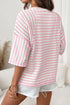 Striped Textured Knit Patchwork Split Hem Half Sleeve Top