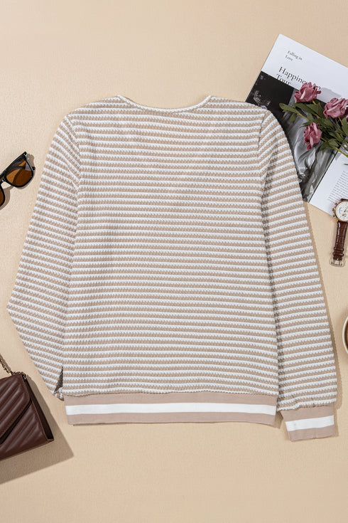 Striped Textured Knit Relaxed Fit Long Sleeve Top