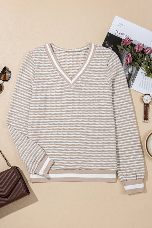 Striped Textured Knit Relaxed Fit Long Sleeve Top