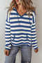 Striped Textured Knit V Neck Drawstring Hoodie