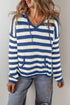 Striped Textured Knit V Neck Drawstring Hoodie