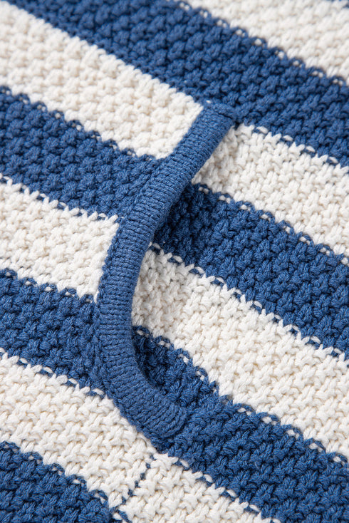 Striped Textured Knit V Neck Drawstring Hoodie