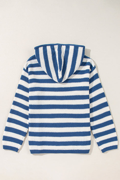 Striped Textured Knit V Neck Drawstring Hoodie