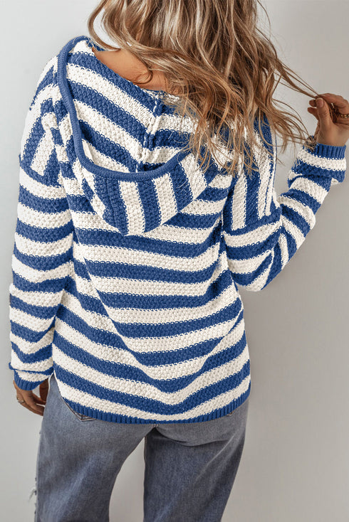 Striped Textured Knit V Neck Drawstring Hoodie